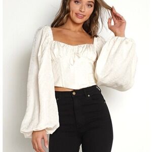 For Love & Lemons Janet Crop Corset Top Ivory White Puff Sleeve Square Neck XS